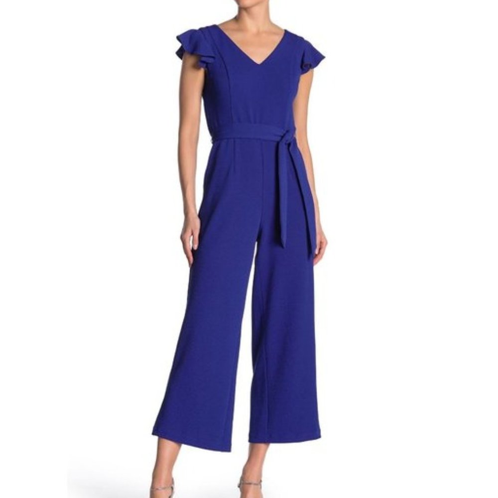 Women's Tahari Blue Ruffle Cap Sleeve V-Neck Belted Jumpsuit Size 4